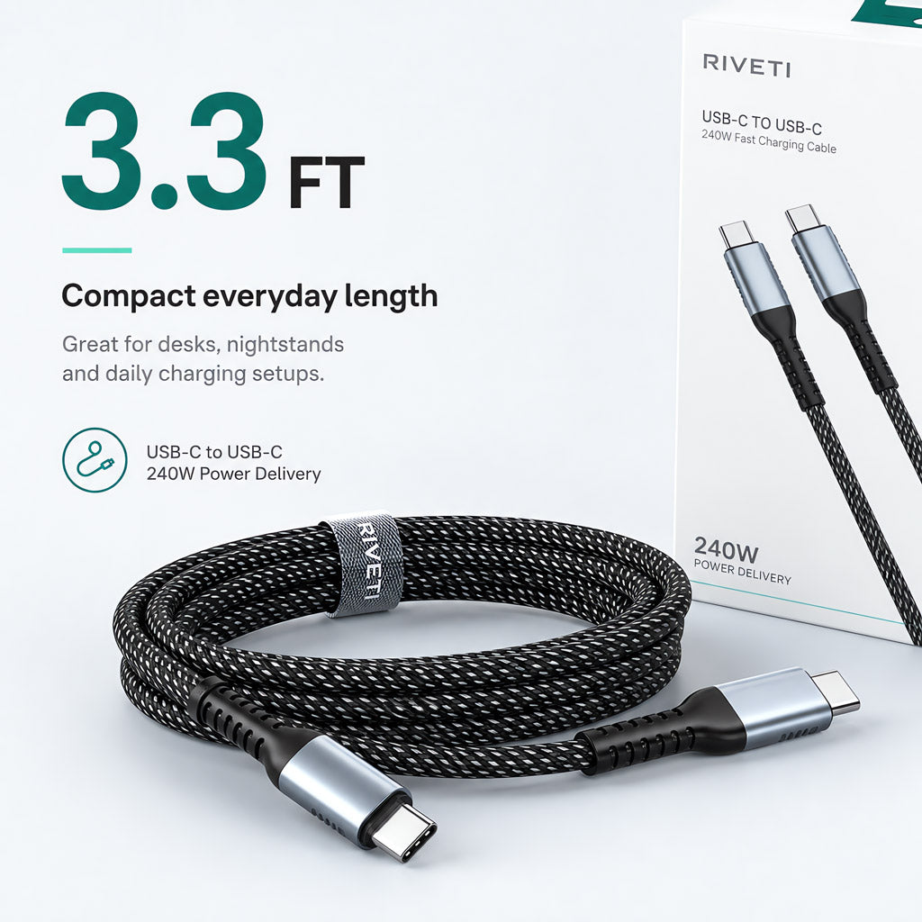 RIVETI 240W Braided USB-C to USB-C Cable