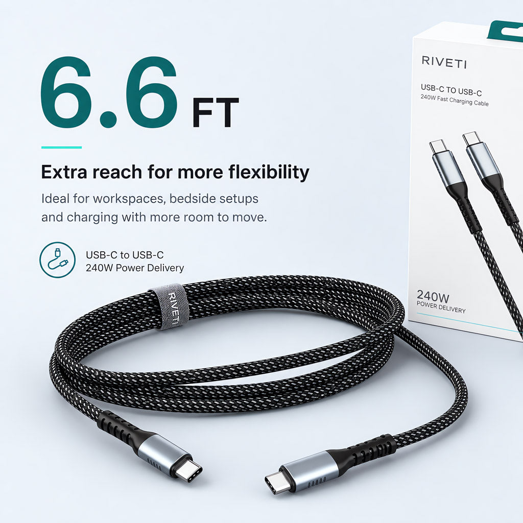 RIVETI 240W Braided USB-C to USB-C Cable