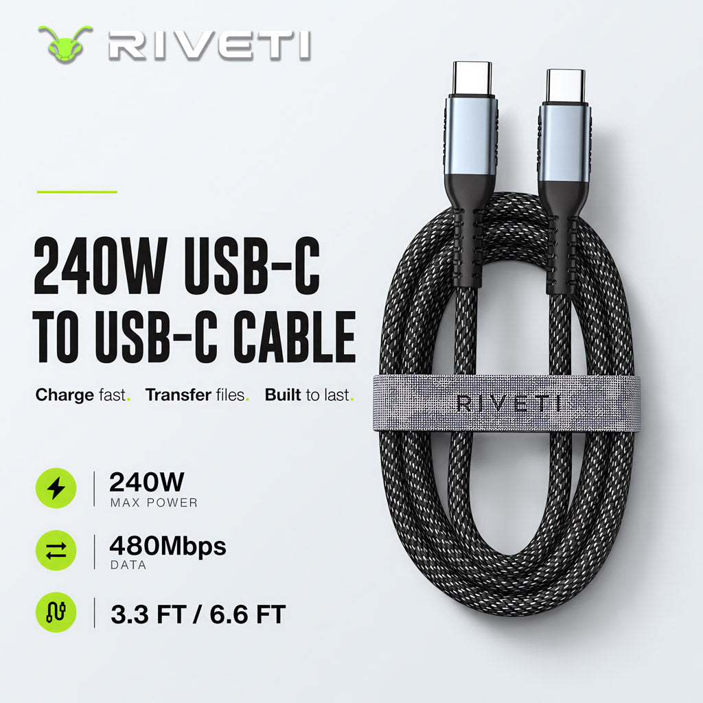 RIVETI 240W Braided USB-C to USB-C Cable